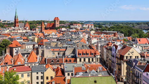 Aerial view of historical buildings of medieval town Torun, Poland. August 2019