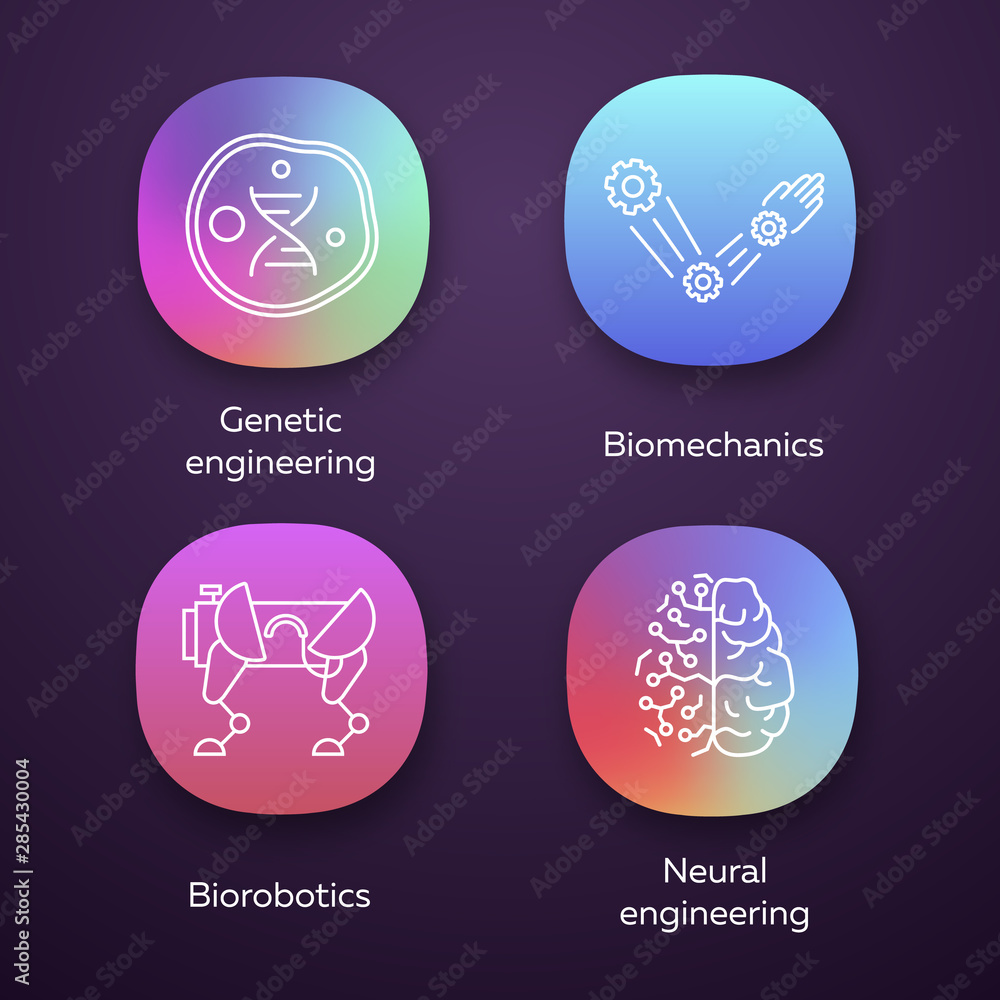 Bioengineering app icons set. Genetic engineering, biomechanics, biorobotics, neural engineering. Biotechnology. UI/UX user interface. Web or mobile applications. Vector isolated illustrations
