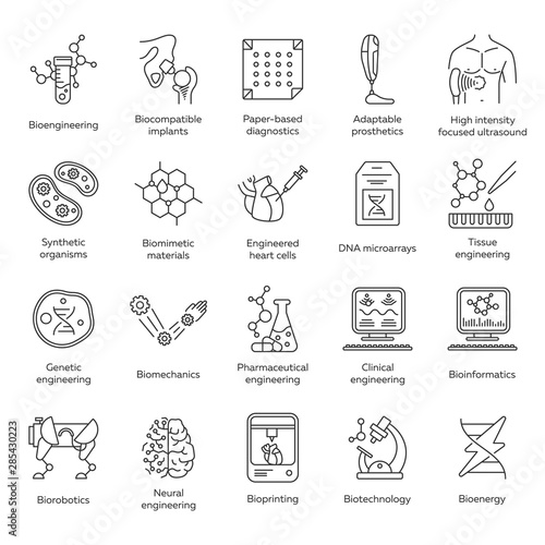 Bioengineering linear icons set. Biotechnology. Diseases treatment, genetic engineering, artificial intelligence. Thin line contour symbols. Isolated vector outline illustrations. Editable stroke