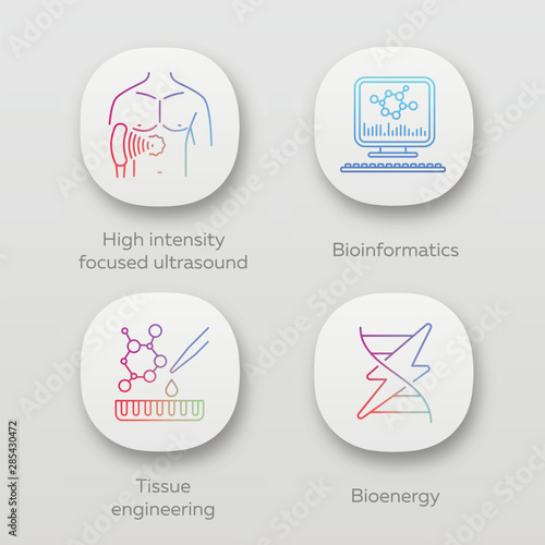 Biotechnology app icons set. Bioengineering. HIFU, bioinformatics, tissue engineering, bioenergy. UI/UX user interface. Web or mobile applications. Vector isolated illustrations