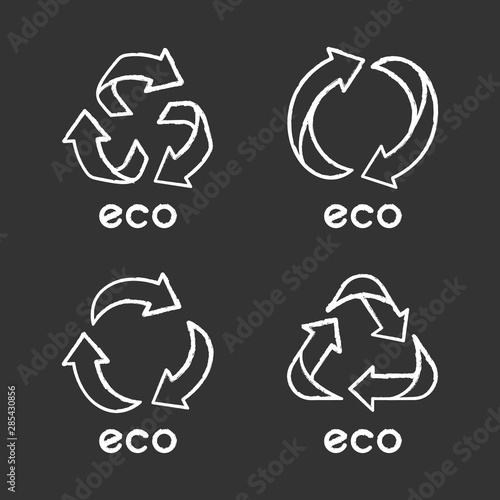 Eco labels chalk icons set. Arrows signs. Recycle symbols. Alternative energy. Eco friendly chemicals. Environmental protection emblems. Organic cosmetics. Isolated vector chalkboard illustrations