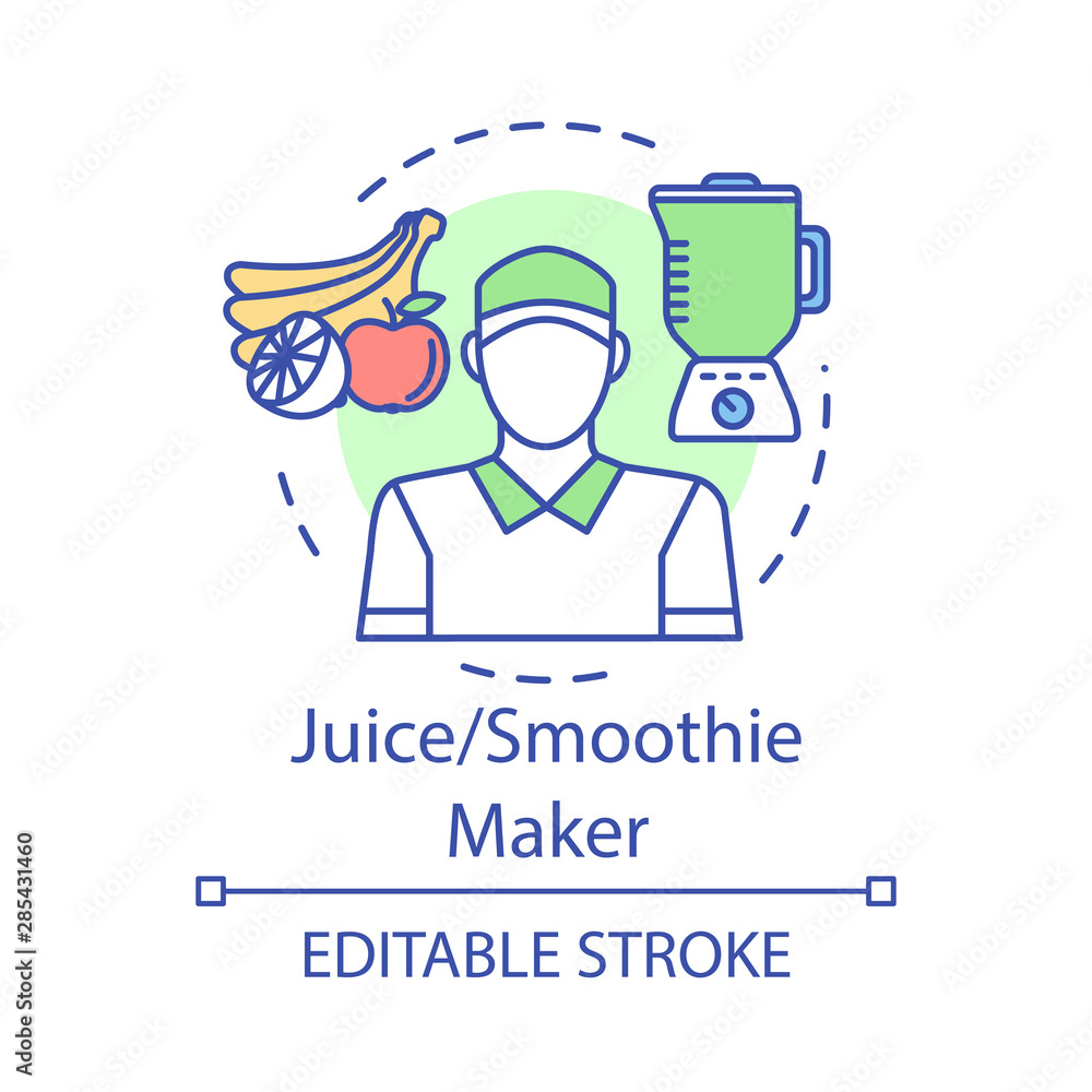 Juice, smoothie maker concept icon. Catering, food service worker idea thin line illustration. Cafe, restaurant staff. Summer part-time job employment. Vector isolated outline drawing. Editable stroke Juice, smoothie maker concept icon. Catering, food service worker idea thin line illustration. Cafe, restaurant staff. Summer part-time job employment. Vector isolated outline drawing. Editable stroke