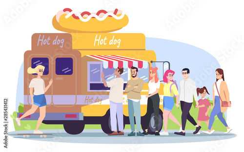 Hot dog food truck flat vector illustration