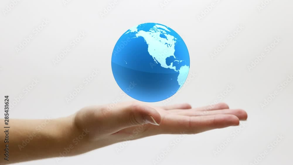 Illustration of Stylized Earth Globe spinning over a human hand Seamless Looping Motion Background Blue Illustration of Stylized Earth Globe spinning over a human hand Seamless Looping Motion Background Blue