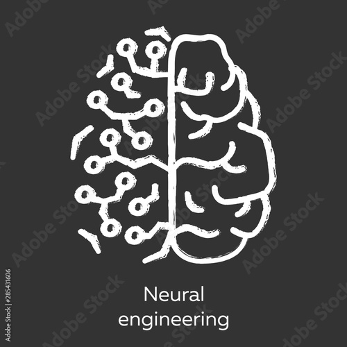 Neural engineering chalk icon. Neuroengineering. Biomedical engineering. Living neural tissue and artificial constructs. Bioinformatics. Biotechnology. Isolated vector chalkboard illustration
