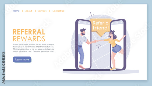 Referral rewards landing page vector template. Marketing business website interface idea with flat illustrations. Company homepage layout. Refer a friend web banner, webpage cartoon concept