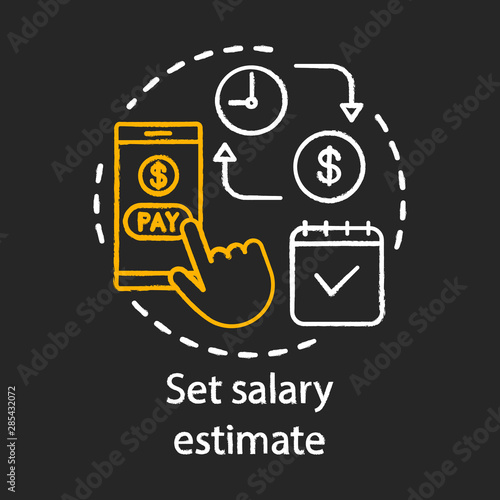 Set salary estimate chalk icon. Salary calculator. Wage payment. Budget calculation, accounting. Online billing service. Financial calendar. Isolated vector chalkboard illustration