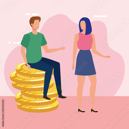 young couple with coins money avatars characters