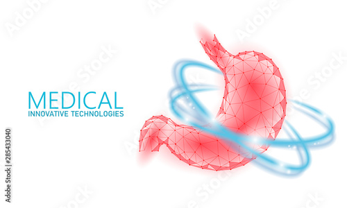 Human healthy stomach recovery system medicine concept. 3D low poly digestion reconstruction technology pharmacy drugstore banner. Health care vector illustration