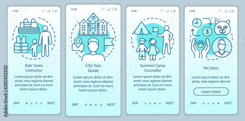 Summer part-time jobs turquoise onboarding mobile app page screen vector template. Swim instructor. Walkthrough website steps with linear illustrations. UX, UI, GUI smartphone interface concept