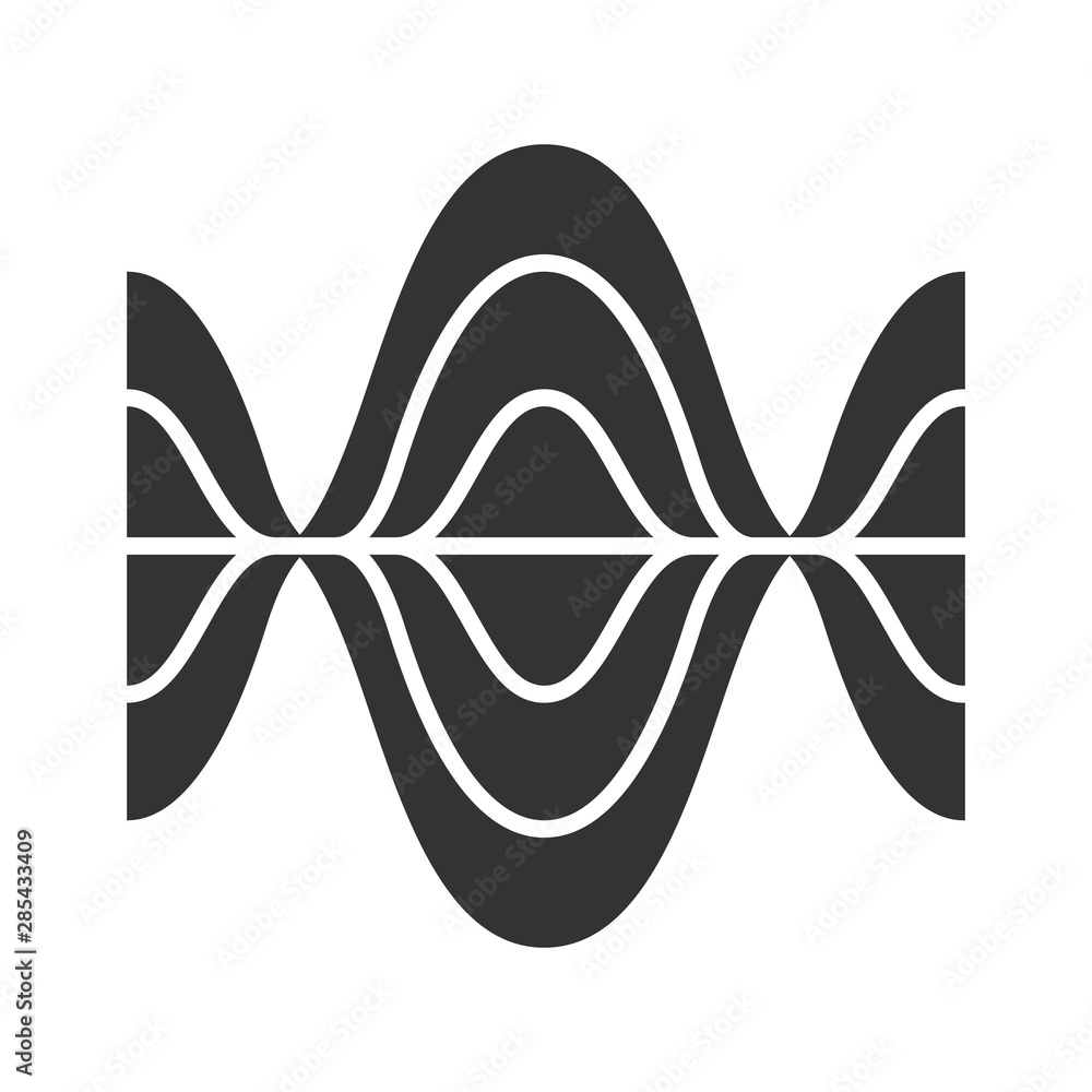 Voice recording glyph icon. Silhouette symbol. Vibration, noise level, frequency curves. Audio volume, frequency. Music player logo. Soundtrack playing. Negative space. Vector isolated illustration