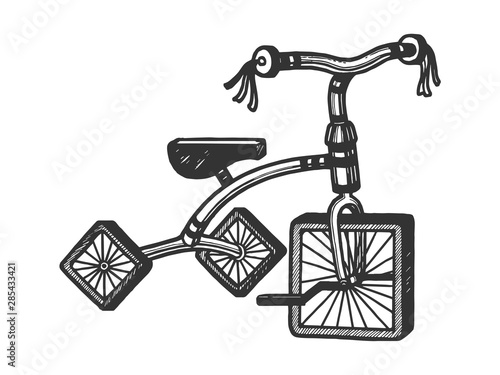 Children tricycle with square wheels sketch engraving vector illustration. Scratch board style imitation. Hand drawn image.