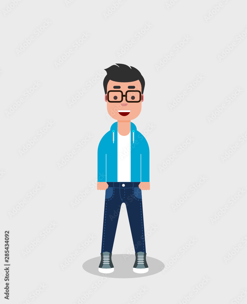 Young man in jeans and sweatshirt smiling. Happy self confident boy dressed casual. Handsome successful young man character. Teenager with a smile. Vector illustration, flat style