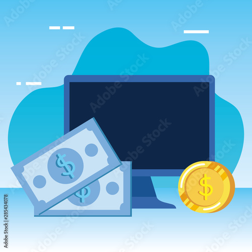 desktop computer with bills and coins