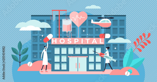 Hospital vector illustration. Flat tiny medical ambulance persons concept.