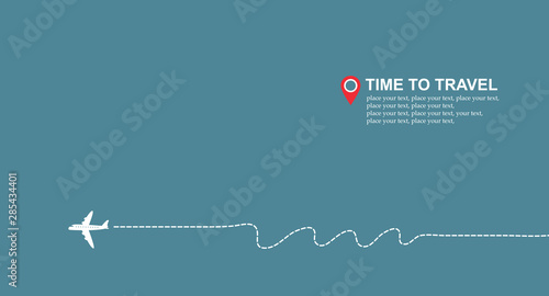 Vector banner or card on the theme of air travel. Illustration with airplane, dotted trajectory, words Time to travel and place for text