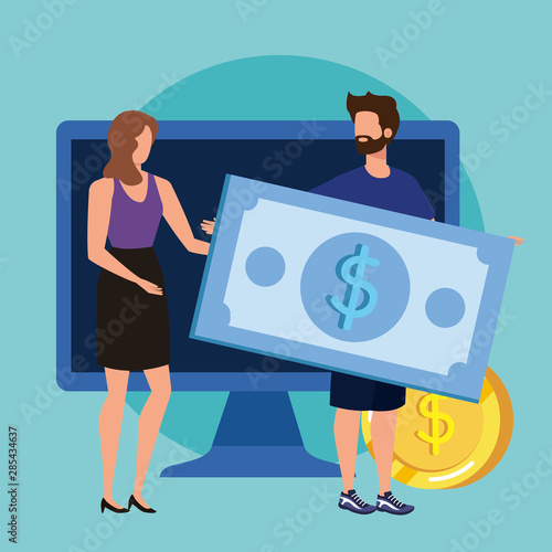 young couple with coins and bills money characters