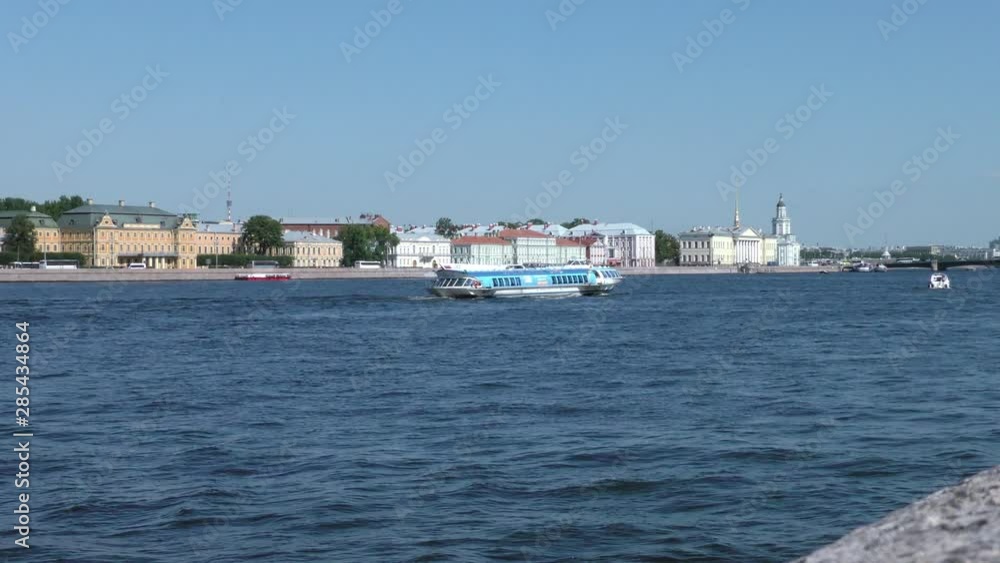 St. Petersburg, Russia-view of the Neva river in the navigable tourist season. Travel along the rivers and canals of the city. St. Petersburg, Russia-view of the Neva river in the navigable tourist season. Travel along the rivers and canals of the city.
