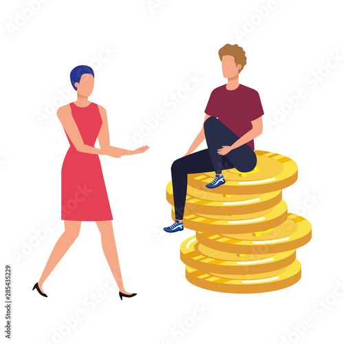 young couple with coins money avatars characters
