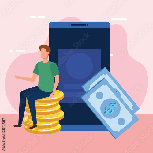 young man with money and smartphone