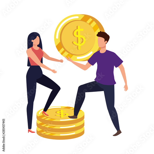 young couple with coins money avatars characters