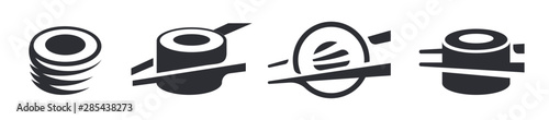 Monochrome set of sushi and rolls restaurant logo concept, chinese or japanese food emblems, isolated vector illustration.