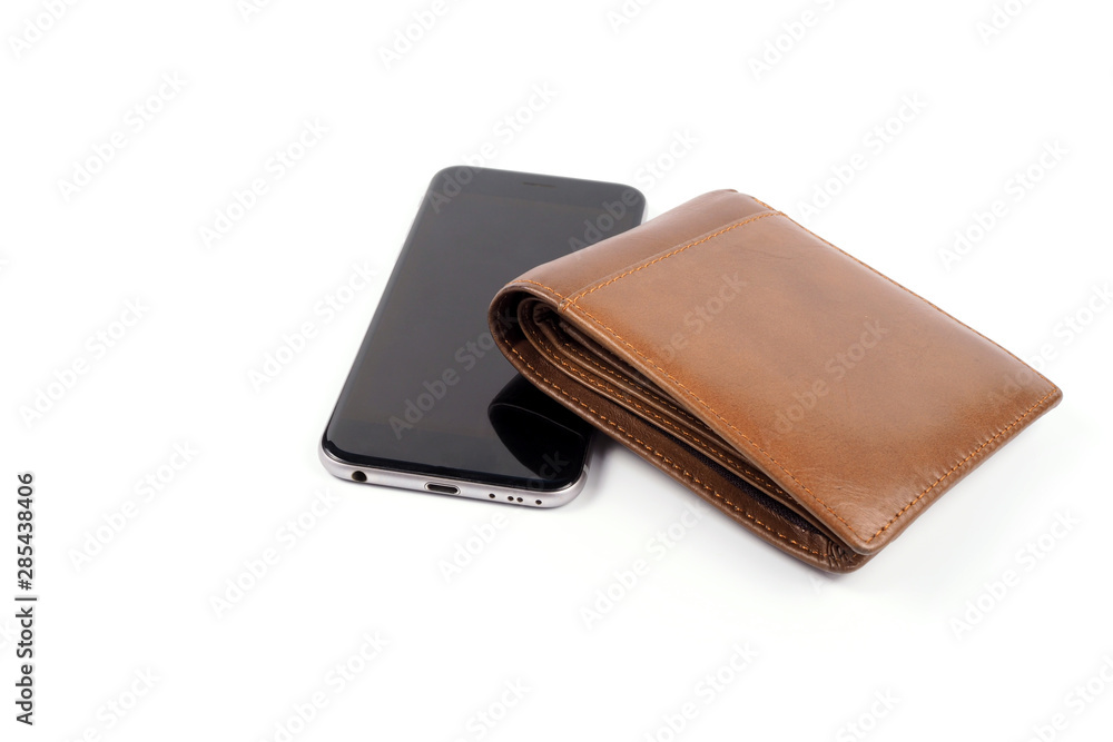 Smart phone and brown wallet on white background Smart phone and brown wallet on white background