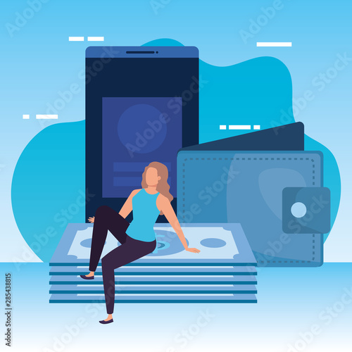 young woman with smartphone and money