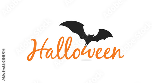 Halloween elegant lettering with black silhouette of flying bat. Isolated Design for halloween event, promo, logo, banner, monogram and poster. Vector illustration.