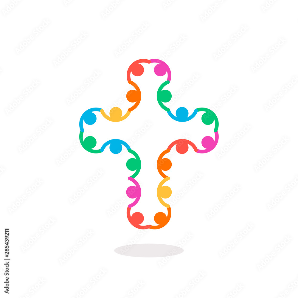 Christian symbol, colorful connection people cross icon. Church logo template. Isolated vector illustration. Christian symbol, colorful connection people cross icon. Church logo template. Isolated vector illustration.