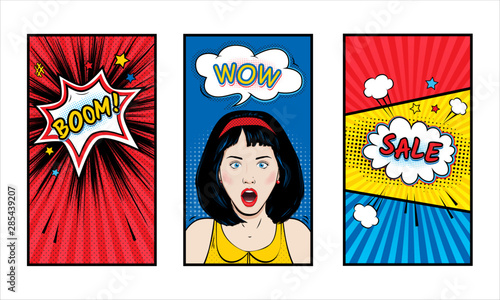 Set of templates for social media story cover. Surprised woman with Wow pop art face and open mouth. Vector colorful background in pop art retro comic style with speech bubbles