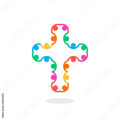 Christian symbol, colorful connection people cross icon. Church logo template. Isolated vector illustration.