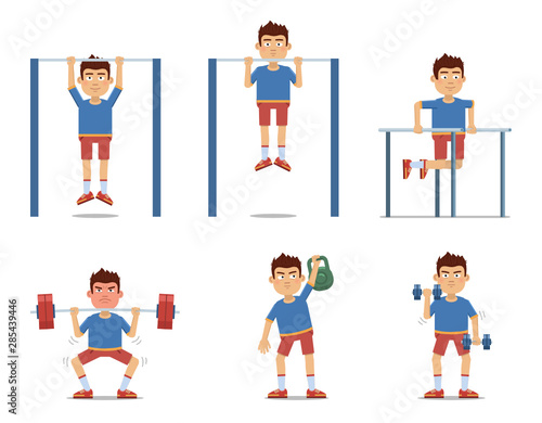 Set of sportsman making different physical exercises. Cheerful sportsman making pull-ups, push ups, workout, weight lifting, barbell, dumbbell training. Flat style vector illustration