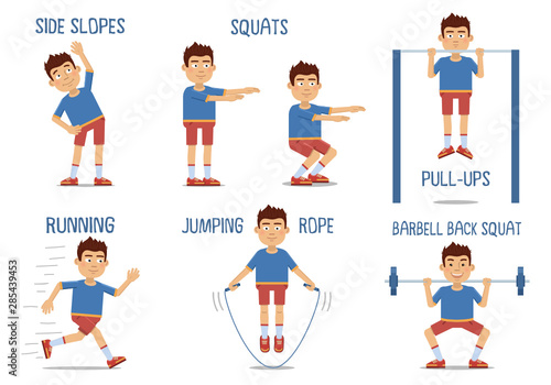 Set of sportsman characters making different physical exercises. Sportsman training, workout, jumping rope, running, pull ups, squats, healthy lifestyle. Flat style vector illustration