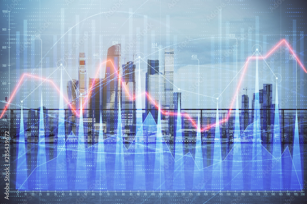 Forex graph hologram with city view from roof background. Double exposure. Stock market concept. Forex graph hologram with city view from roof background. Double exposure. Stock market concept.