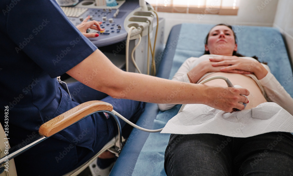 Obraz premium Pregnant woman in the Hospital, Close-up Shot of the Doctor does Ultrasound / Sonogram Procedure to a Pregnant Woman.