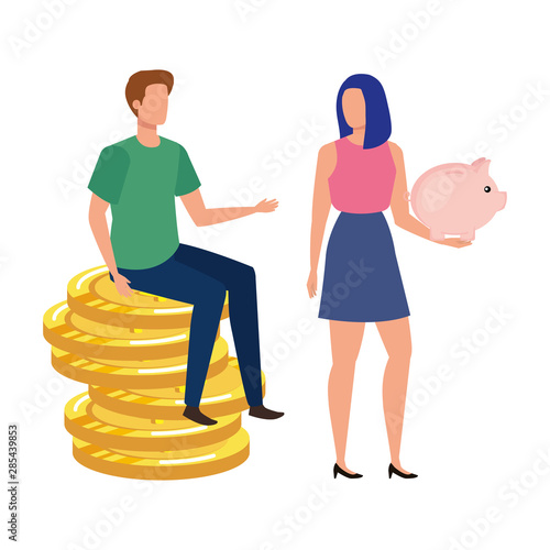 young couple with coins and piggy savings