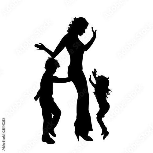 Vector silhouette of woman with her children on white background. Symbol of family, mother, daughter, son, siblings.