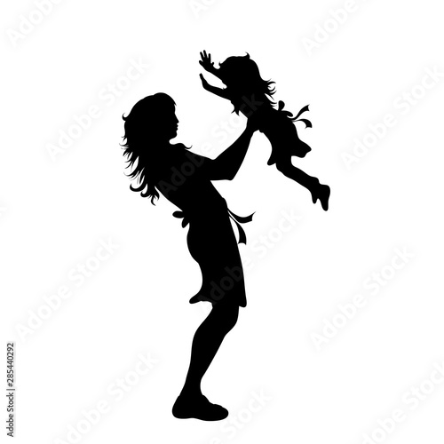 Vector silhouette of woman with her baby on white background. Symbol of family, mother, daughter, son,maternity.