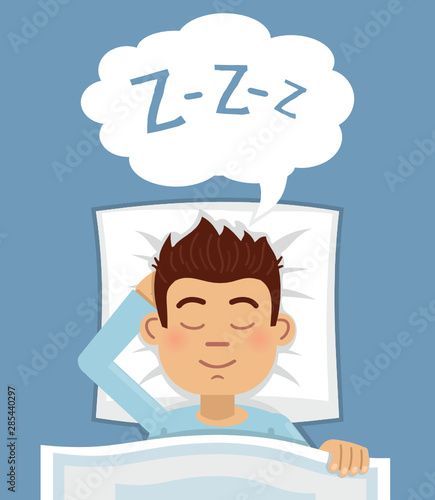 Illustration of a man sleeping in bed. Sleeping man lying on a pillow and dreaming at night. Simple style vector illustration