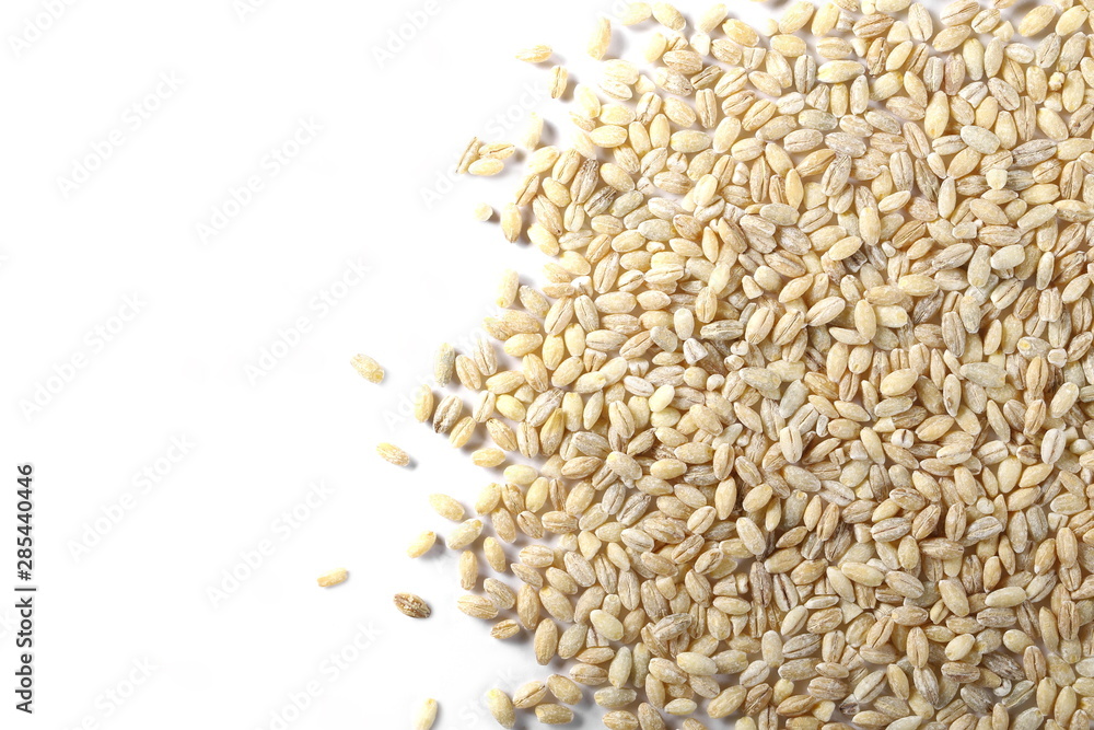 Peeled barley grains isolated on white background, top view Peeled barley grains isolated on white background, top view