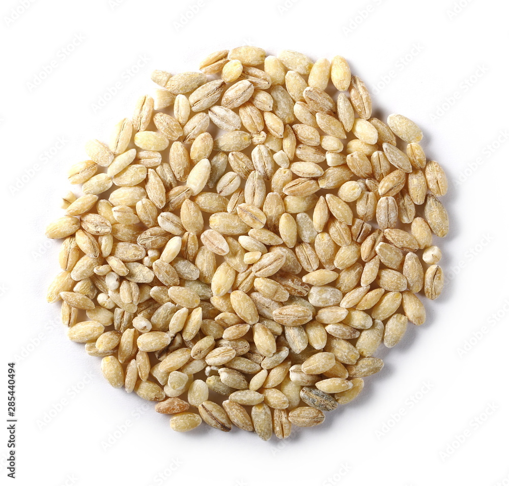Peeled barley grains isolated on white background, top view Peeled barley grains isolated on white background, top view