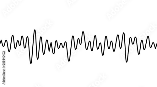 Black curvy line on white background. Radio wave or music equalizer, sound wave. Stylized Cardiogram, interface design for medical equipment, vector illustration.