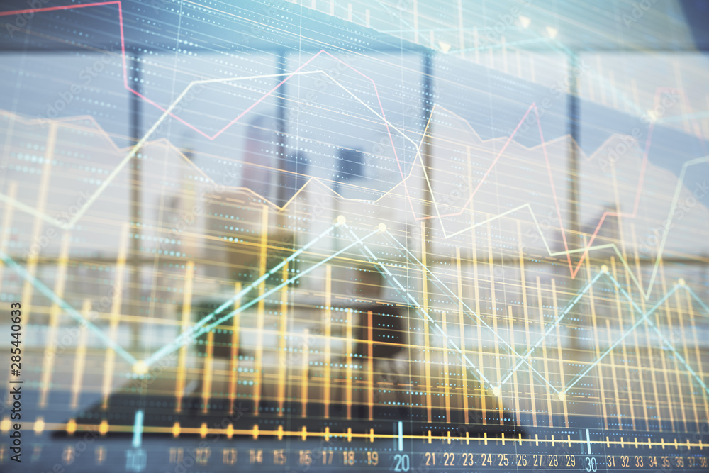 Business theme graph hologram with minimalistic cabinet interior background. Double exposure. Stock market concept. Business theme graph hologram with minimalistic cabinet interior background. Double exposure. Stock market concept.