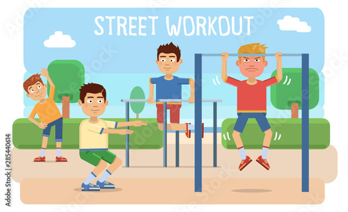 Illustration of people taking physical activity in outdoor park. Training, exercises, physical education lesson, street workout. Flat style vector illustration.