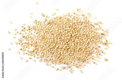 Organic integral sesame seeds isolated on white background, top view