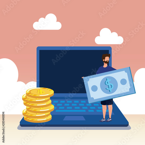 young man with laptop and money