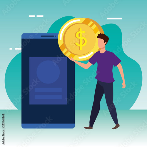 young man with smartphone and money character