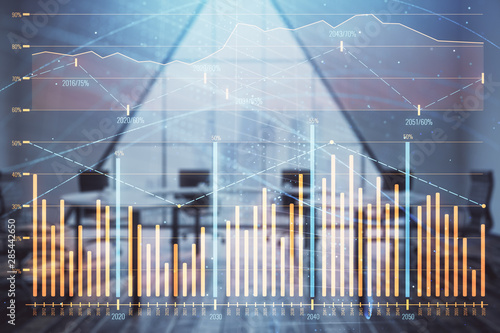 Double exposure of forex chart on conference room background. Concept of stock market analysis © Andrey