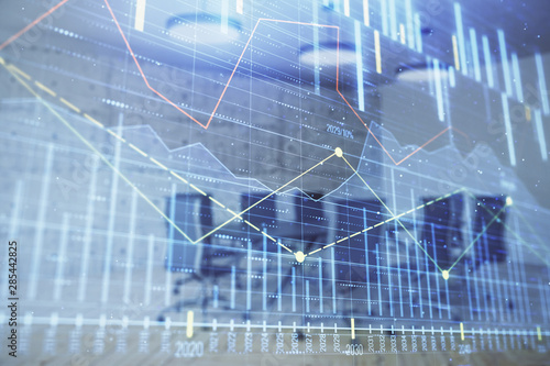 Multi exposure of stock market graph on conference room background. Concept of financial analysis